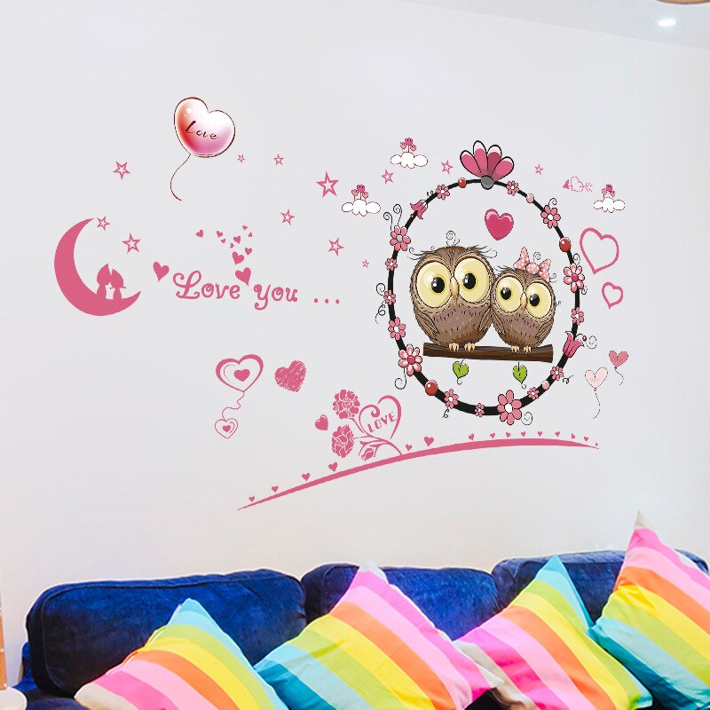 Cartoon Couple Owls Pink Hearts Wall Stickers for Living Room Bedroom Wall Decals Kids Room Decoration PVC removable Stickers