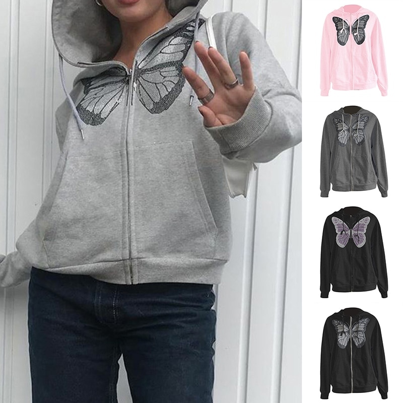 Y2K Oversized Butterfly Graphic Rhinestone Zip Up Hoodies E-girl 90s Streetwear Diamond Grey Long Jacket Autumn Spring