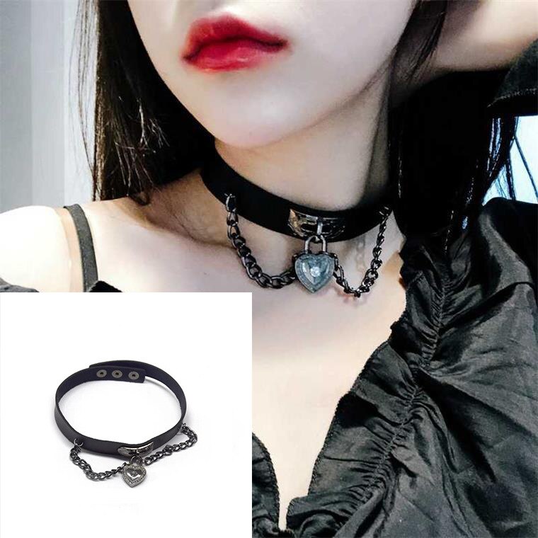 Harajuku Punk noir métal grosse chaîne coeur pendentif collier Chokers Hip hop PU cuir colliers Cool filles colliers pour les femmes