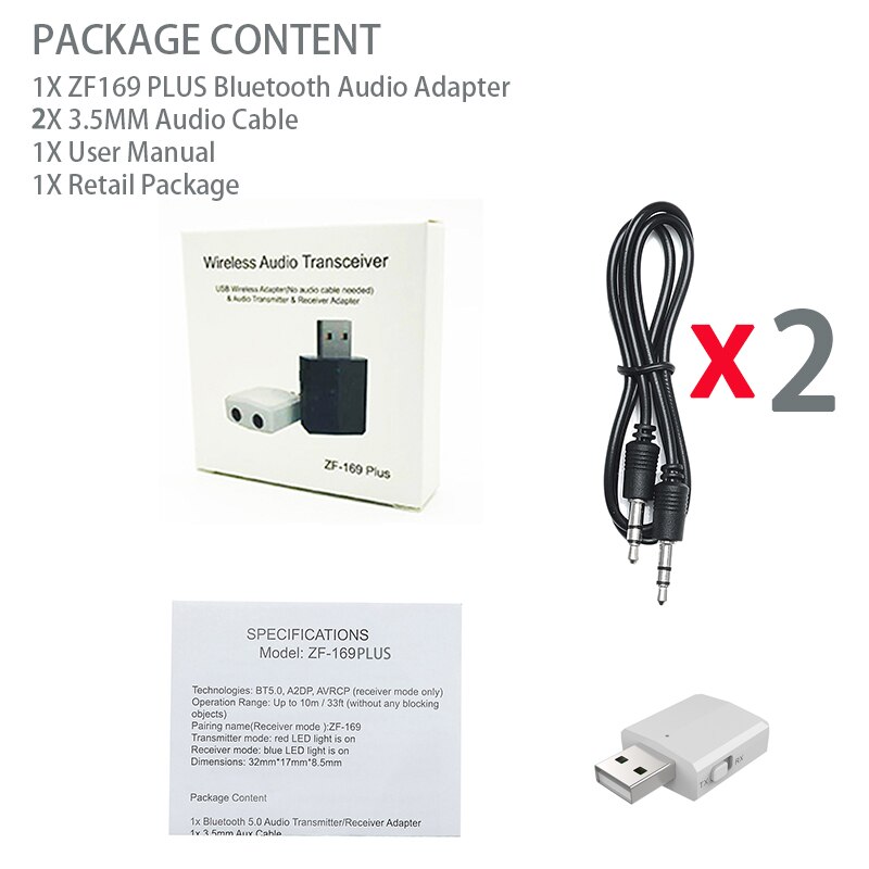 3.5mm usb-bluetooth-adapter mit ein-/ausschalter, 5.0 kabellose stereo-audio-musikempfänger und -sender per bluetooth für tv, pc, auto und aux-anschluss: Zf169 plus-weiß