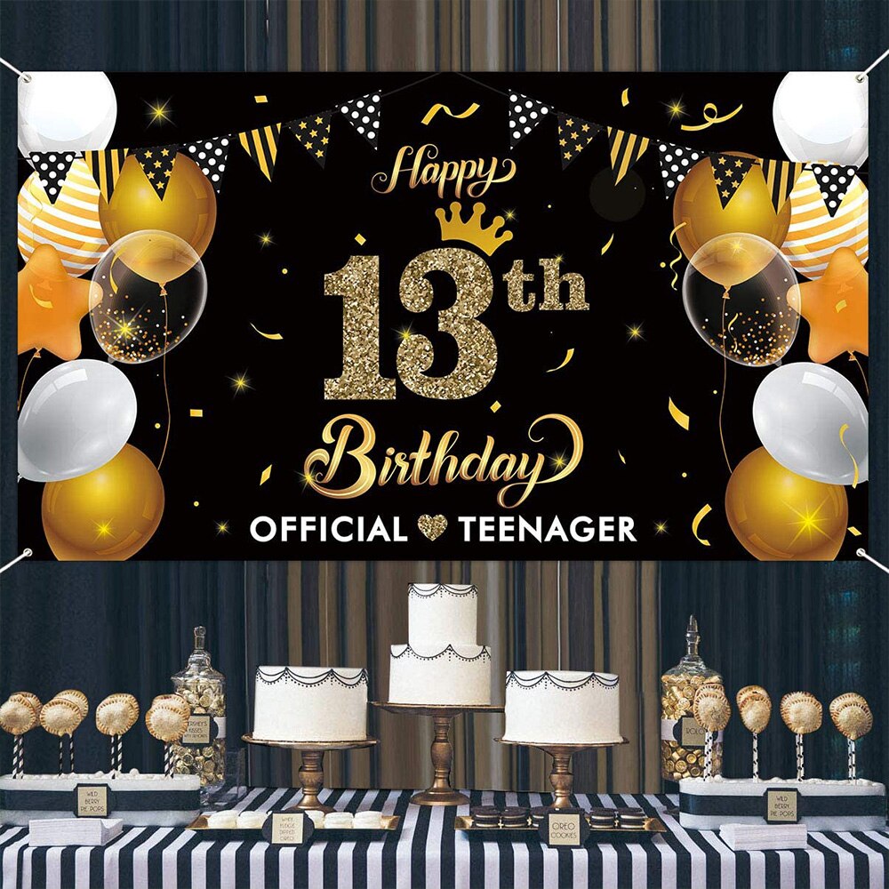 Party Decorations 13th Birthday Backdrop Banner Official Teenager Gold Happy Supplies Photo Booth For Kids Indoor Outdoor