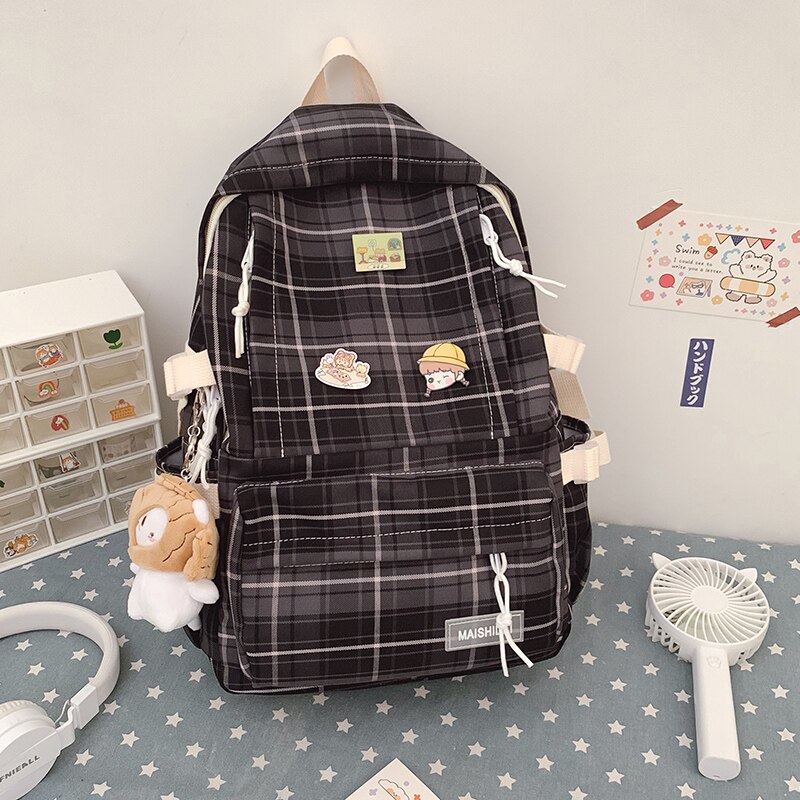 Japanese Plaid Backpack Korean Large Capacity Students Schoolbag Campus Stripe Style Fashionable Girl Waterproof Travel Bag: Black / Only backpack