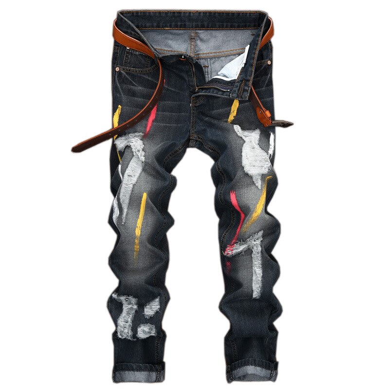 Men's Printed Jeans hole personality nostalgia Slim ripped black jeans men Cotton Straight Leg Cool Jeans For Young Men