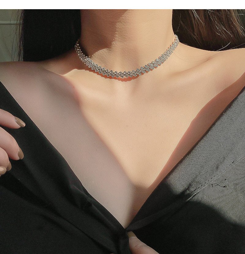 Shiny Rhinestone Choker Kettingen Voor Vrouwen Eenvoudige Korte Chokers Zilveren Kleur Collares Charm Sieraden Anniversary