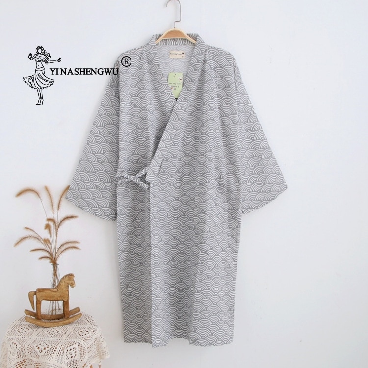 Simple Kimono Robe Yukata Kimono Cardigan Men Japan Traditional Pajamas Leisure Wear Homewear Water Ripple Print Cotton Bathrobe