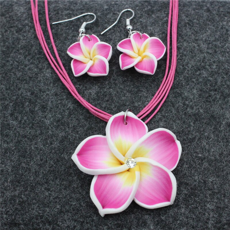 Girl Women&#39;s Fimo Flower Jewelry Sets Hawaii Plumeria Flowers Jewelry Sets Fimo Polymer Clay Earrings Necklace Pendant: Fushia