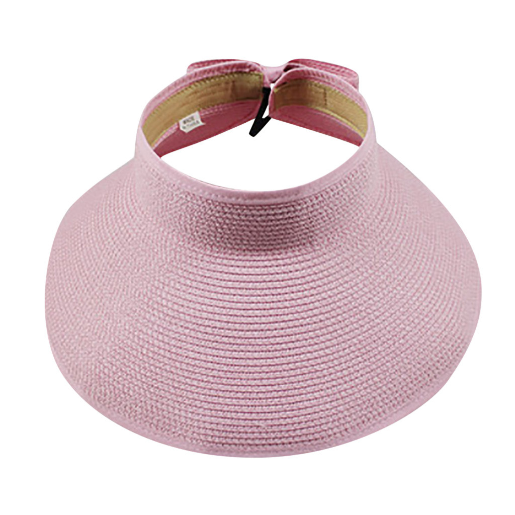 Women’s Summer Wide Brim Visor Hat Foldable Straw Sun Visor W/cute Bowtie Hat Sun Visors Hats For Women Ladies Leisure Cap: Roze