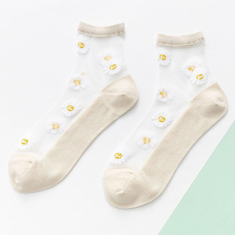 1 paar dunne sokken in de vorm van een madeliefje, zomersokken voor dames, doorzichtige elastische korte sokken: D