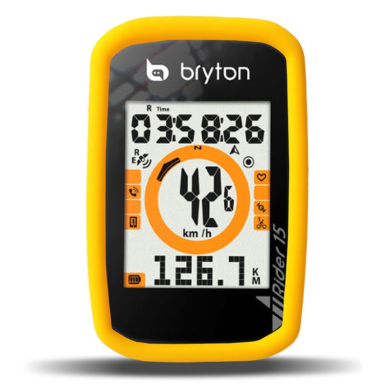 Cykelcykling  r15 computer stopur silikone gummi beskyttelsesetui smart cover med lcd-skærmfilm til bryton rider 15: Gul kasse og film