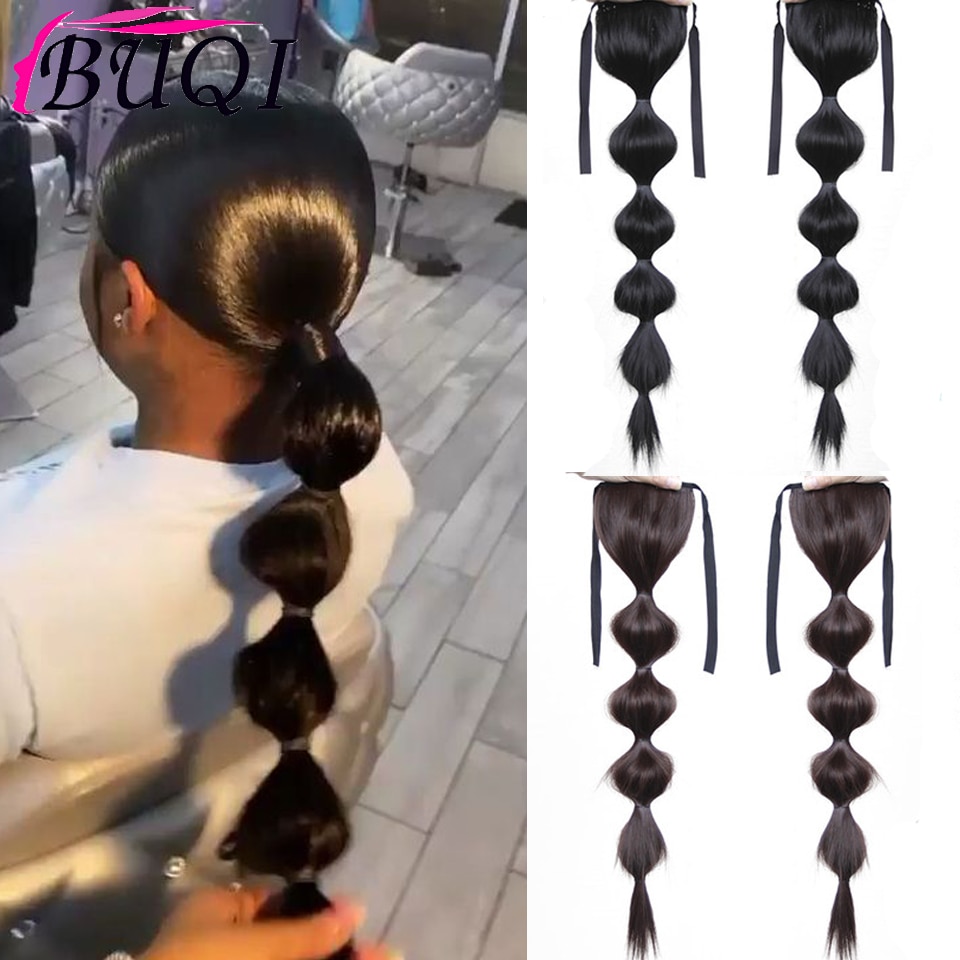 Buqi kvindeligt glat syntetisk hår boble hestehale afro puff ribbon pony hale hair extensions
