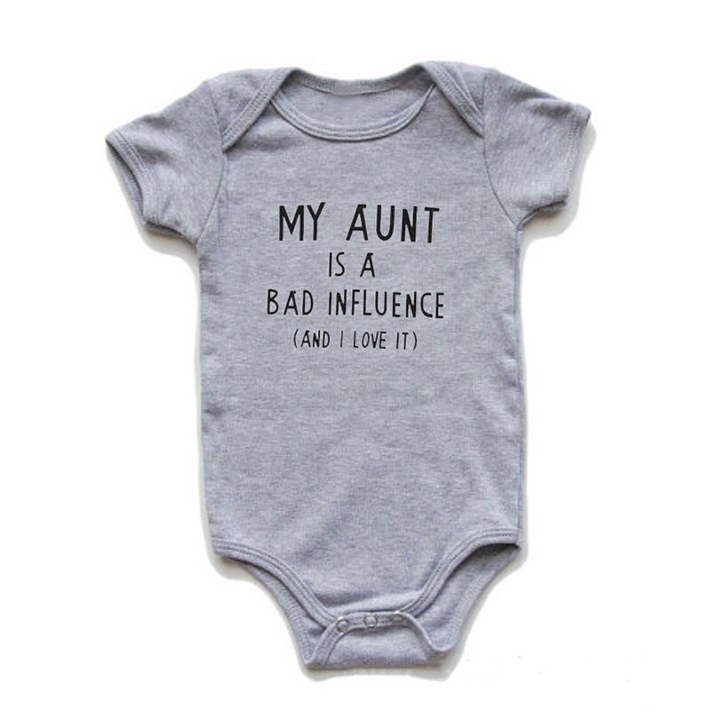 Zomer baby rompertjes mijn tante heeft een slechte invloed (en ik vind het geweldig) letterprint baby jongen meisje onesie peuter romper jumpsuit: Grijs / 12-18m