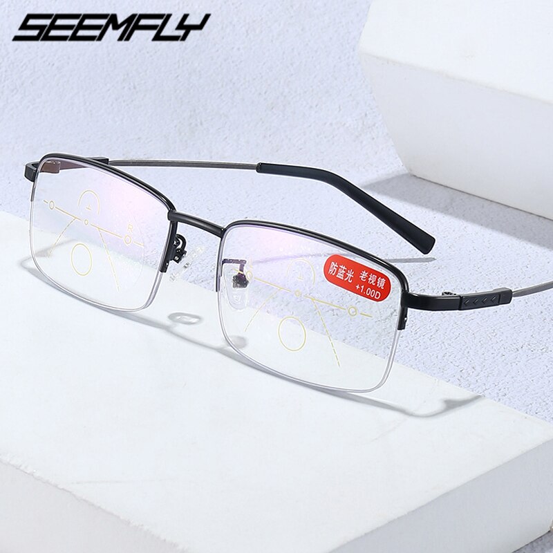 Seemfly Anti Blauw Licht Leesbril Vrouwen Mannen Klassieke Metalen Half Frame Smart Zoom Verziend Brillen Met + 1.0 + 4.0