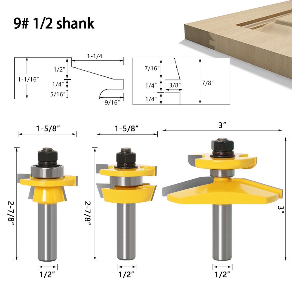 3pcs 1/2" Shank Rail & Stile Ogee Blade Cutter Panel Raised Cabinet Router Bit Set Door Tenon Woodworking Tools