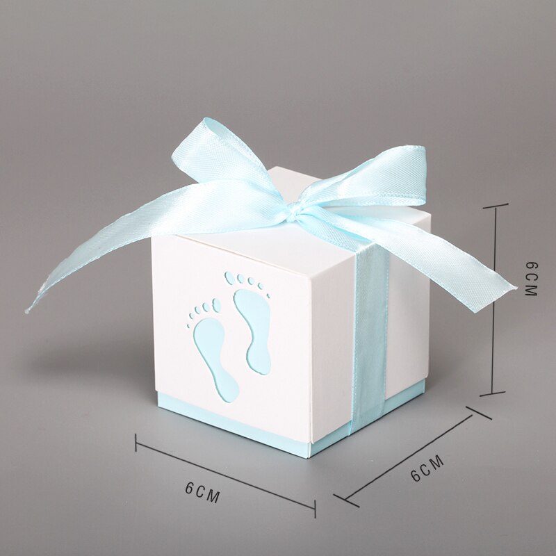 10 stk / lot 6*6*6cm babyfødder form slik æske boite en dragees bryllup dekoration chokolade gennemsigtig pose: .himmelblå