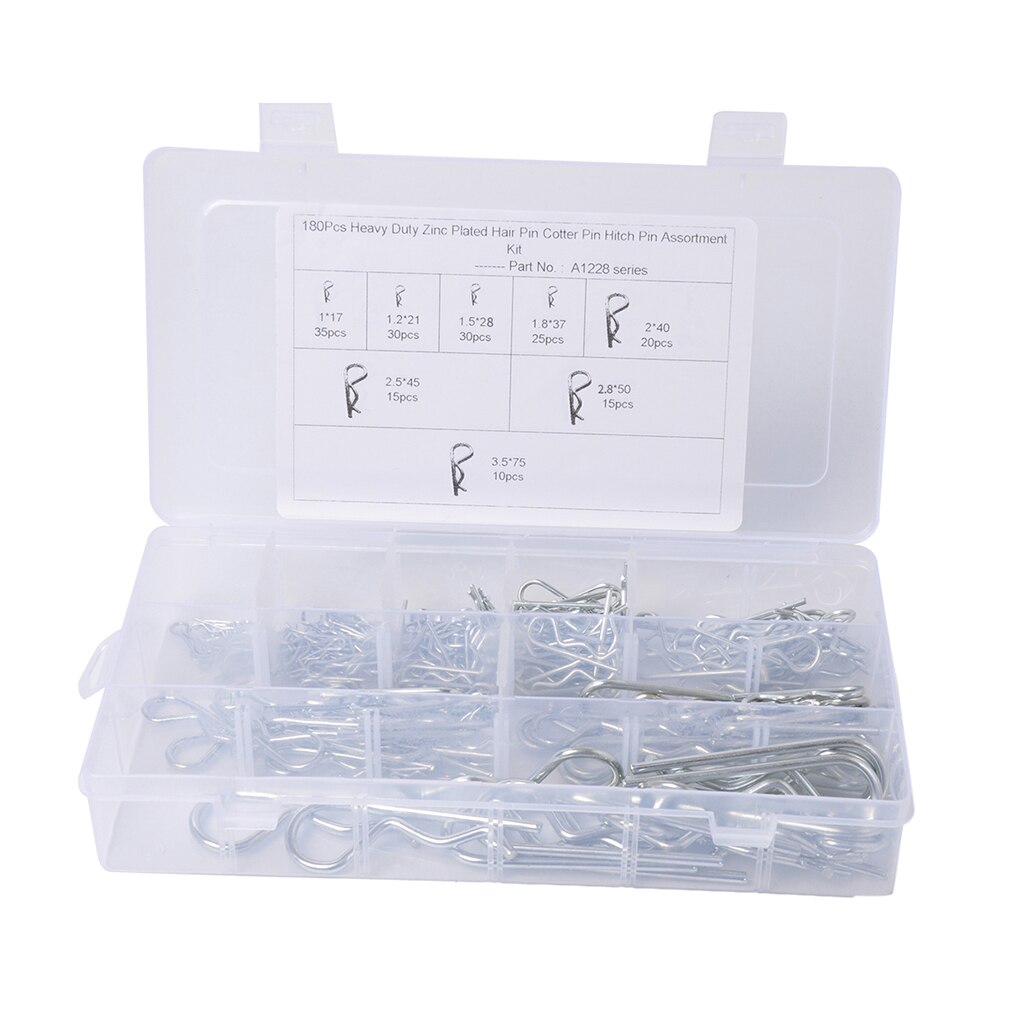 R Cotter Pin Tractor Pin Clip Assortment Fastener Set 8 Different Sizes with Plastic Box Set of 180pcs