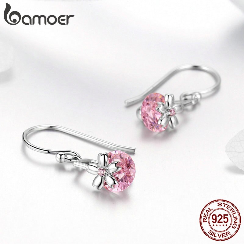 Bamoer romântico 925 prata esterlina sakura rosa flor zircão cúbico gota brincos feminino jóias de casamento bse039