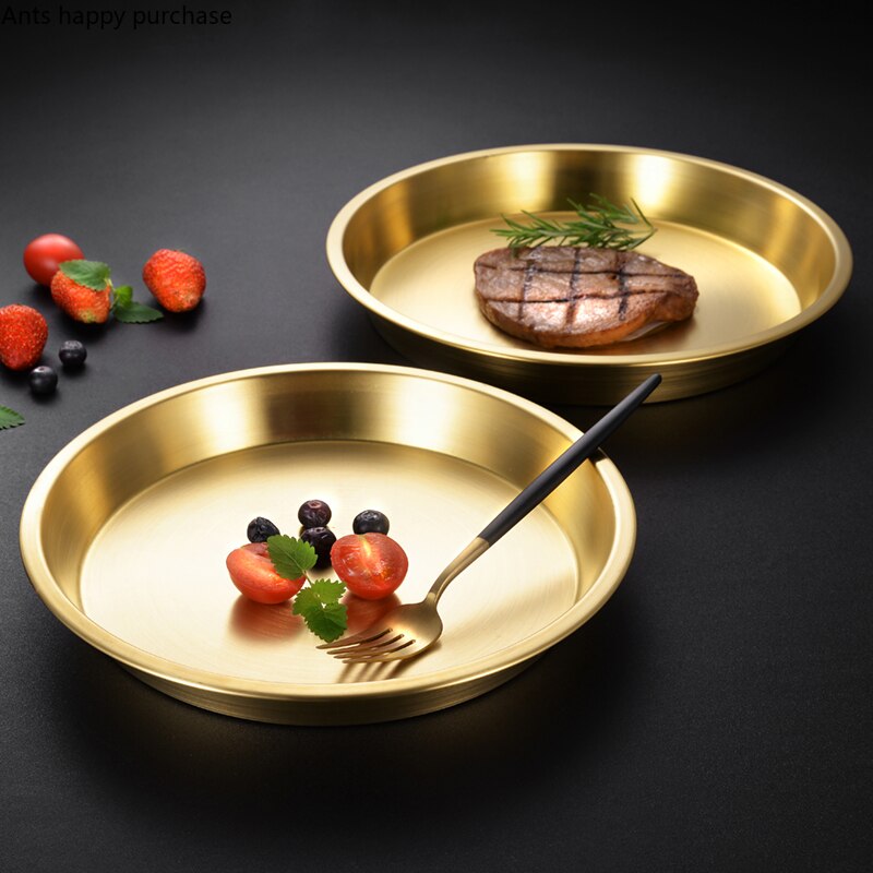 Thicken Brass Round Plate Cake Dessert Metal Plate Fruit Dish Home Steamed Fish Yellow Bronze Kitchen Supplies Dinner Plates