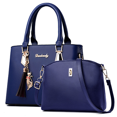 Women Bag Large Capacity Female Tassel Handbag Luxury Handbags plaid Women Bags Set 2 Pieces Bags: Blue