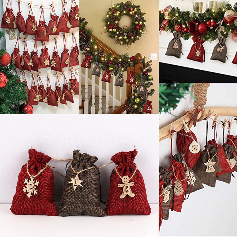 24PCS Christmas Advent Calendar Countdown Bag Hanging Candy Sacks Pouch With Clips Stickers Rope Home Christmas Decoration