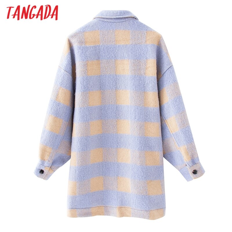 Tangada vintage lilla gitter lang jacekt frakke kvinder forårs skjorte jakke oversize plus size kvinder jakke  qj101