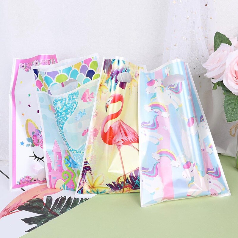 10Pcs Cartoon Rainbow Unicorn Flamingo Plastic Bags Candy Bag For Party Wedding Birthday Package Box Party Supplies