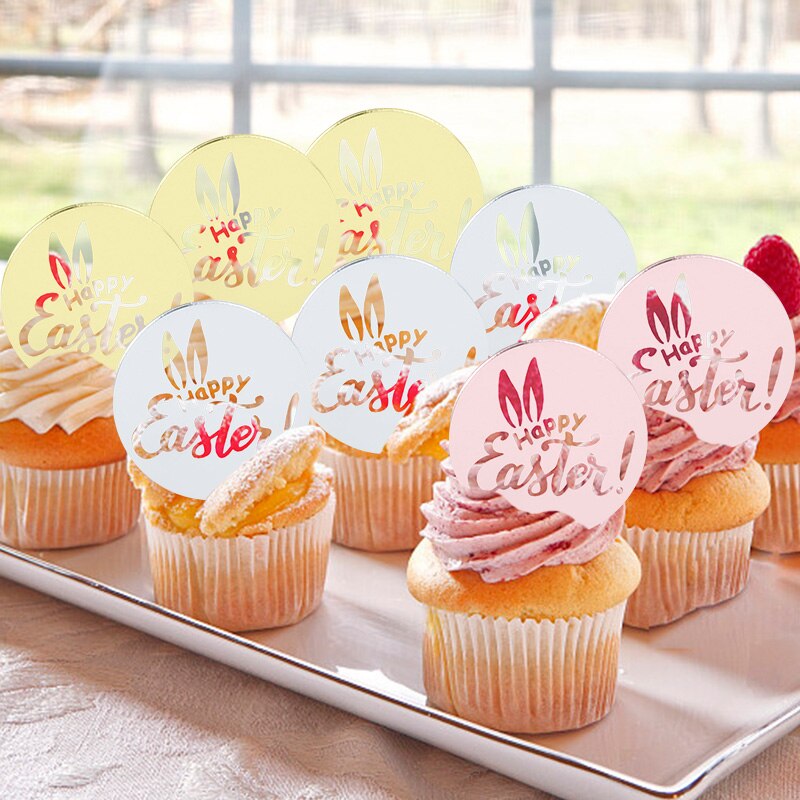 5/10pcs Easter Cake Decoration Acrylic Cake Toppers Gold Silver Rose Cupcake Toppers Easter Party Decoration Baking Supplies