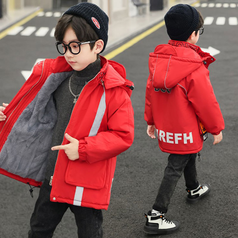 Chaqueta de algodón con capucha para niños, ropa de abrigo gruesa y cálida con estampado de letras, para invierno, de 4 a 12 años: Rojo / 10