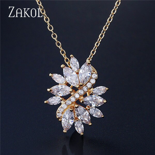 ZAKOL Delicate Cubic Zircon Crystal With White Color Handmade Fashionable Flower Necklaces Pendants For Women Wedding FSNP009: Gold Color