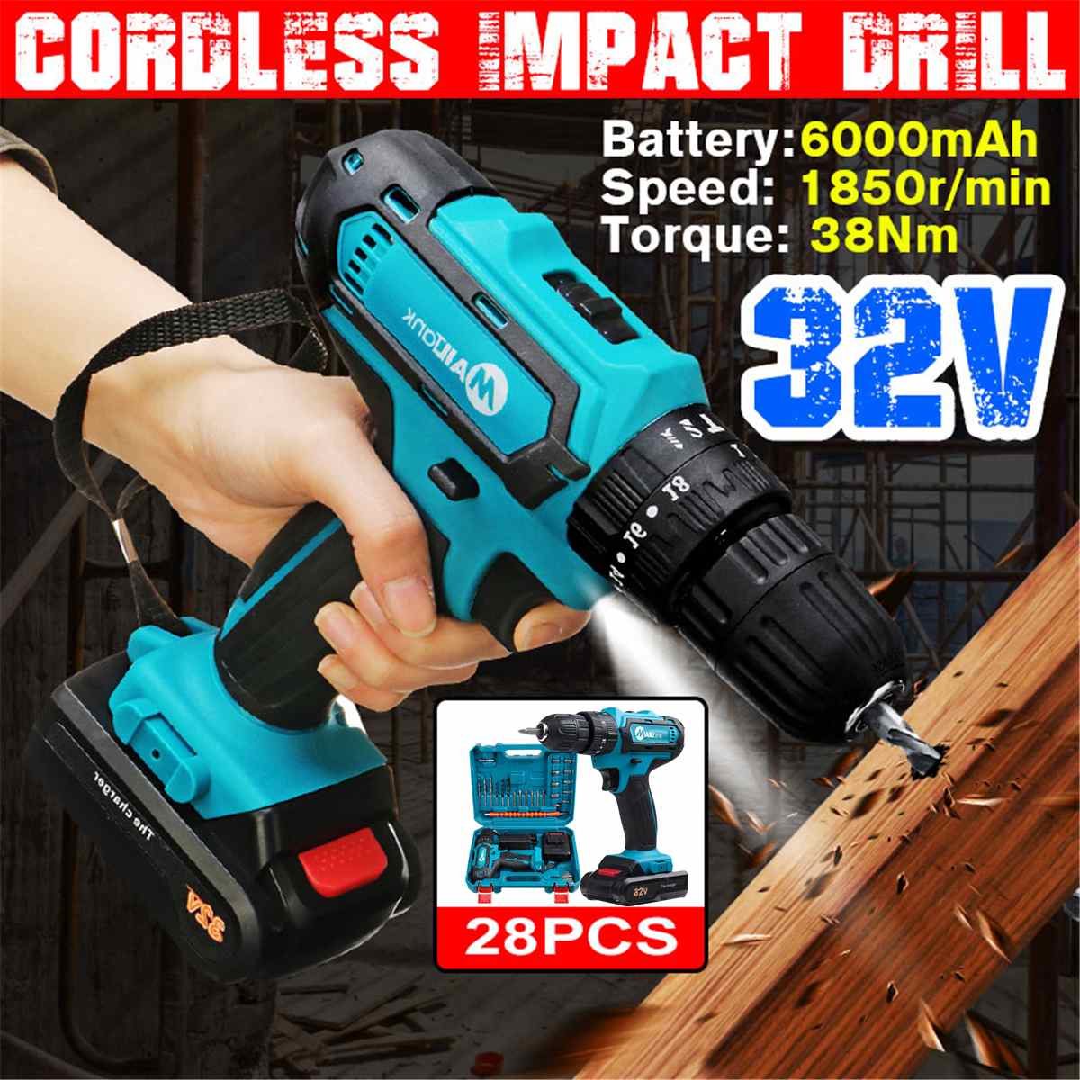 3 In 1 32V Cordless Electric Drill Hammer Screwdriver 2 Speed LED Lighting Impact Drill with Battery 38Nm 18+3 Torque Power Tool