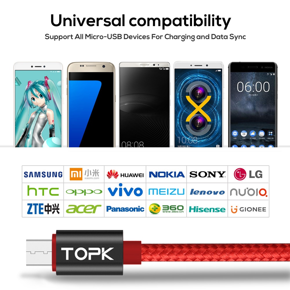 TOPK AC27 Micro USB Kabel 1M Spannung und Strom Display Nylon Geflochten Langlebige USB Ladekabel & Daten Sync