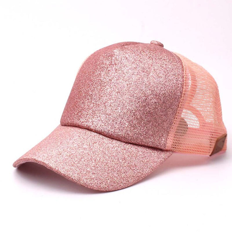 Summer Mesh Baseball Caps For Women Glitter Matte Ponytail Cap Shining Sequins Messy Bun Snapback Hip Hop Hat: leather pink