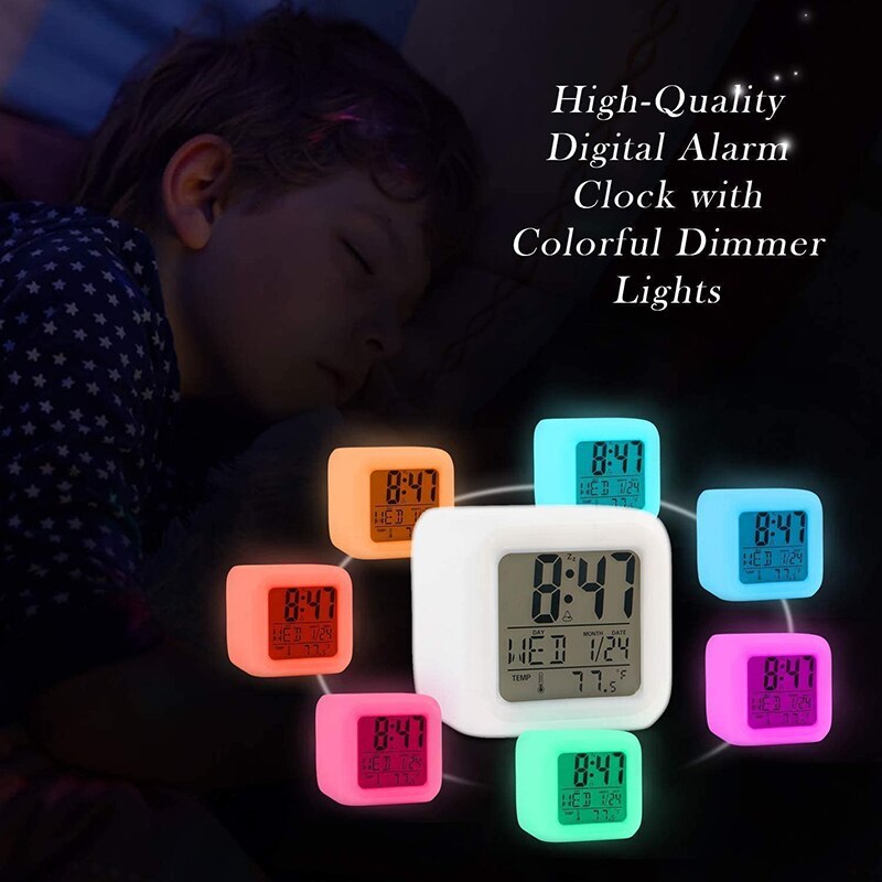 Colorful Alarm Clock Kids Children Wake Up Digital LED Night Light Clock Travel Large Display Time/Date/Alarm with Snooze