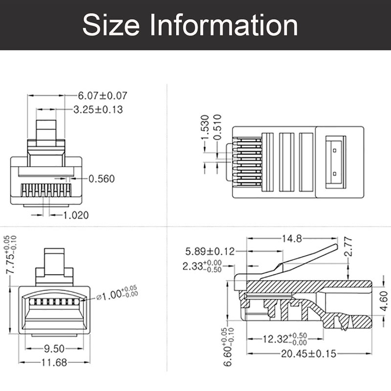 100Pcs RJ45 Connector 6U Gold Plated P Through Ethernet Cables Module Plug Network RJ-45 Crystal Heads Cat5 Cat5E