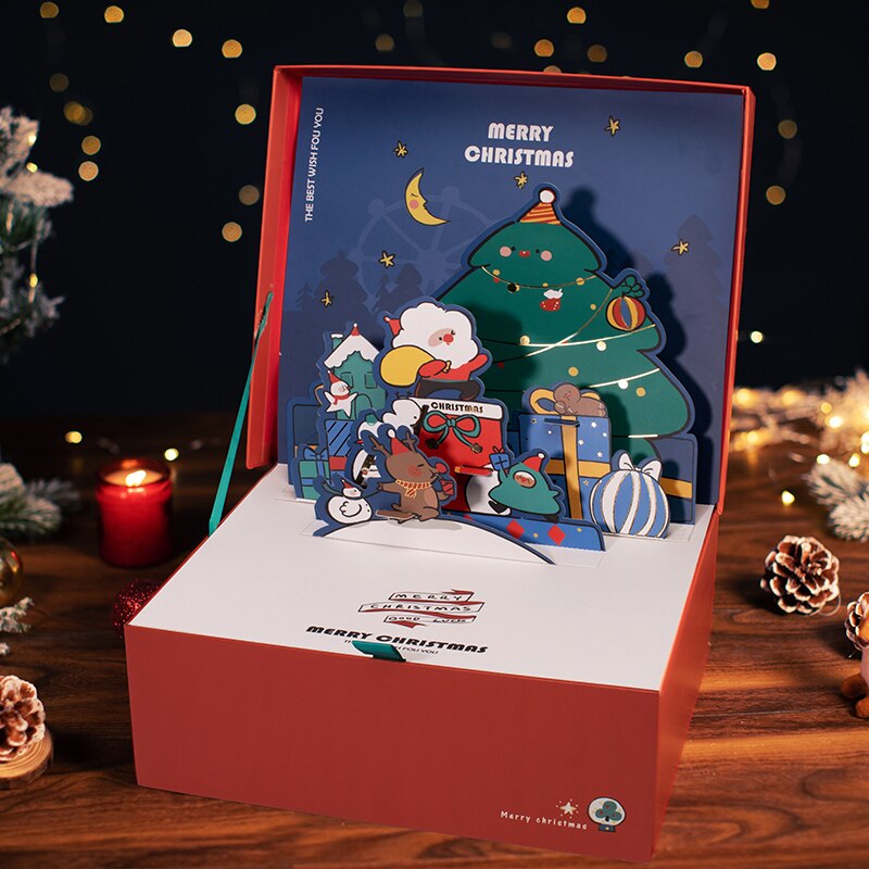Ondersteuning voor maatwerk, doe-het-zelf papieren kerstdoos met 3d wenskaarten voor kinderen, speelgoed, wijn, cosmetica, ornamenten, alleen papieren doos