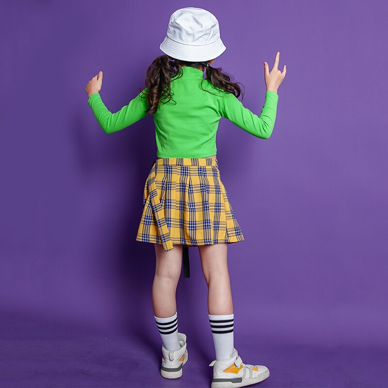 Kids Ballroom Hip Hop outfits Sweatshirt plaid Skirt dancing clothing Girls carnival Jazz Dance Costume Clothes Stage Wear