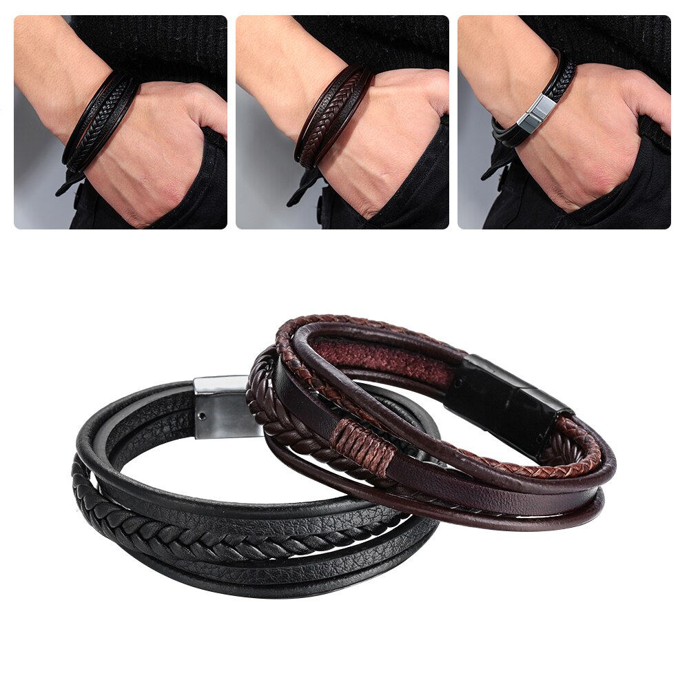 Pulseira de couro masculina, fivela de multicamada, pulseira de couro, fecho magnético, marrom, preto, 1 peça acessórios joias charme