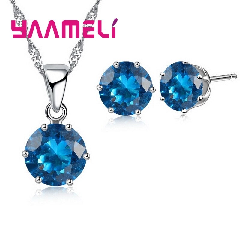 925 Sterling Zilveren Bruids Bruiloft Sieraden Sets Voor Vrouwen Engagement Crystal Hanger Ketting Oorbellen Set: blue1