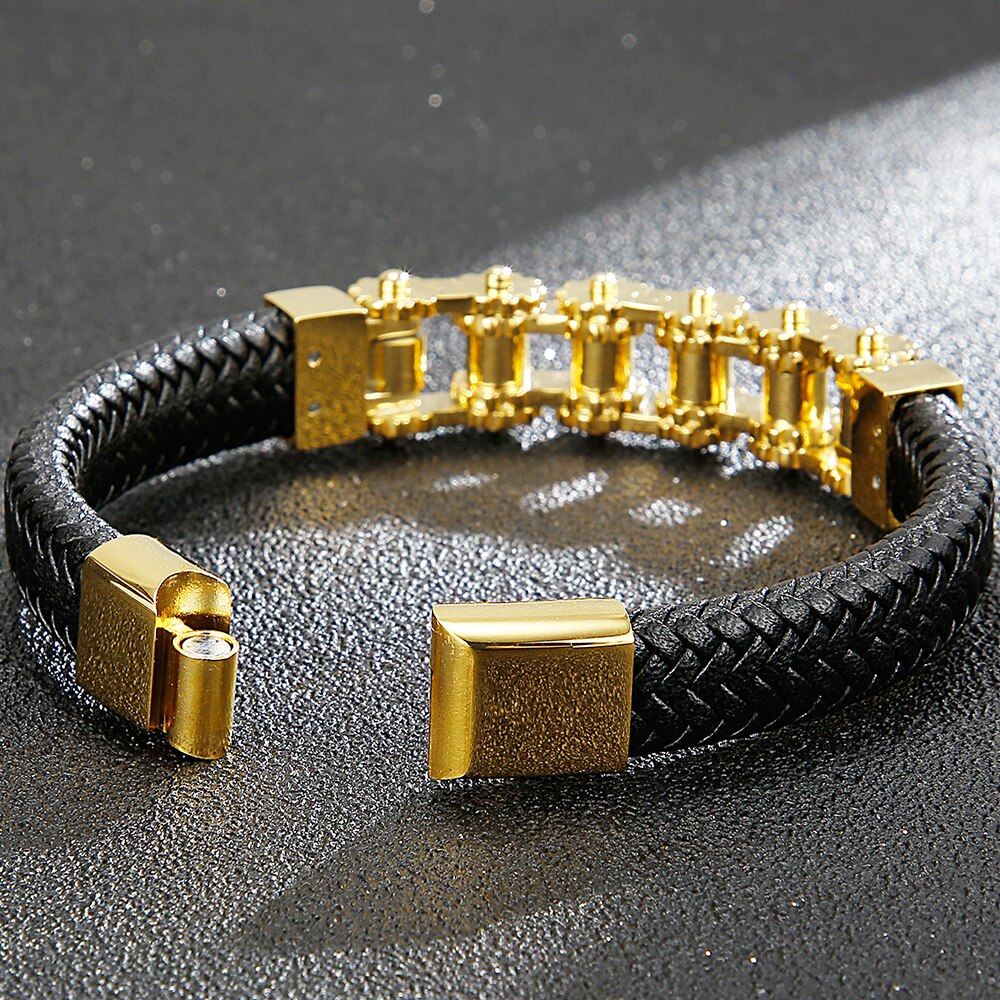 Cool Bike Chain Motorcycle Link Biker Armband Rvs & Lederen Drie Tone Manchet Bangle Armband Mannen