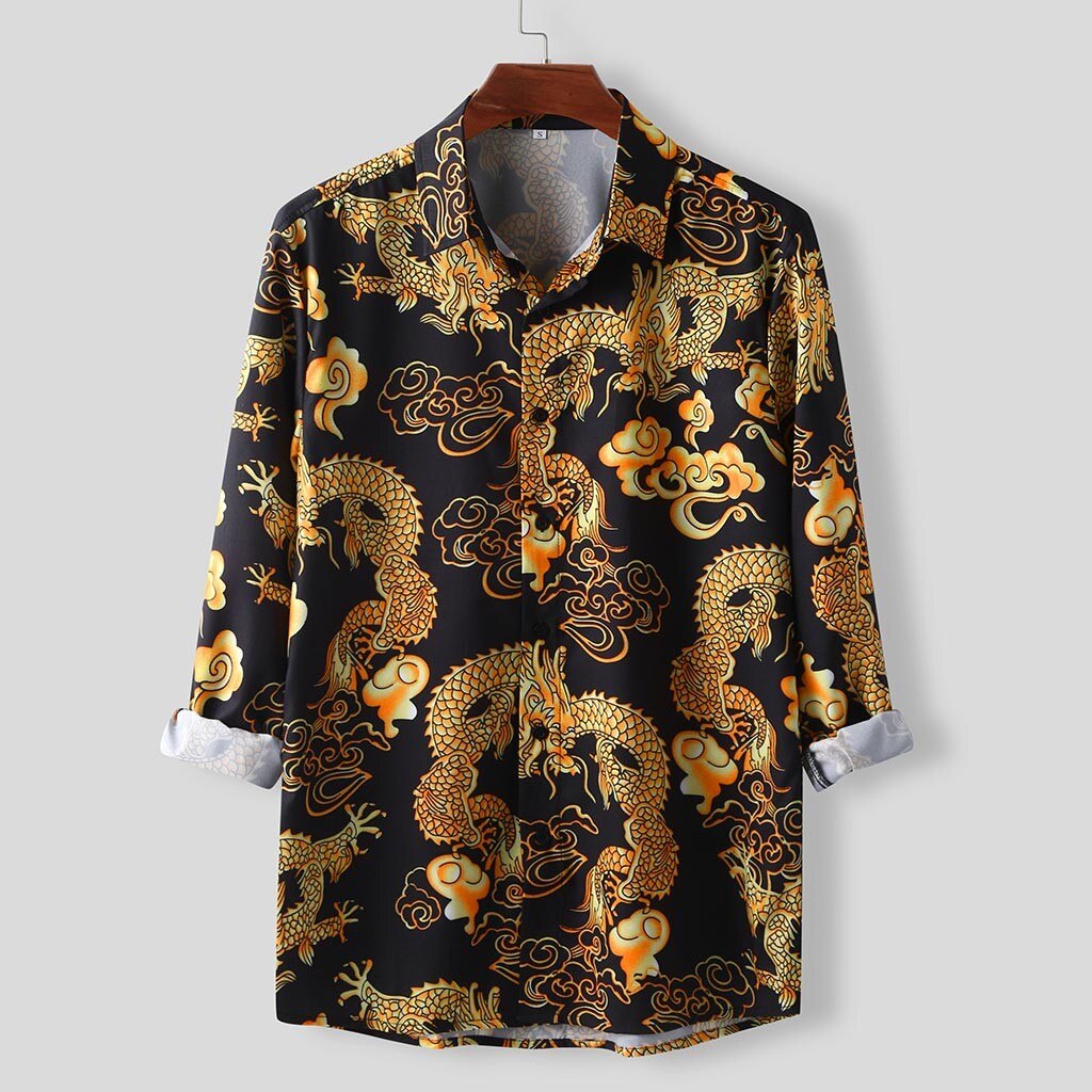 Feitong Dragon Printed Hawaiian Shirt Mens Summer Autumn Loose Turn-down Neck Long Sleeve Shirt Blouse Tops Male: XXL