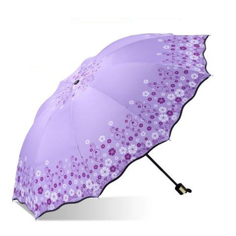 Hopfällbart paraply för kvinnor tryck blomma resor anti-uv vindtät regn blomma modig flicka solskydd parasoll bärbar: 108cm- blommor lila