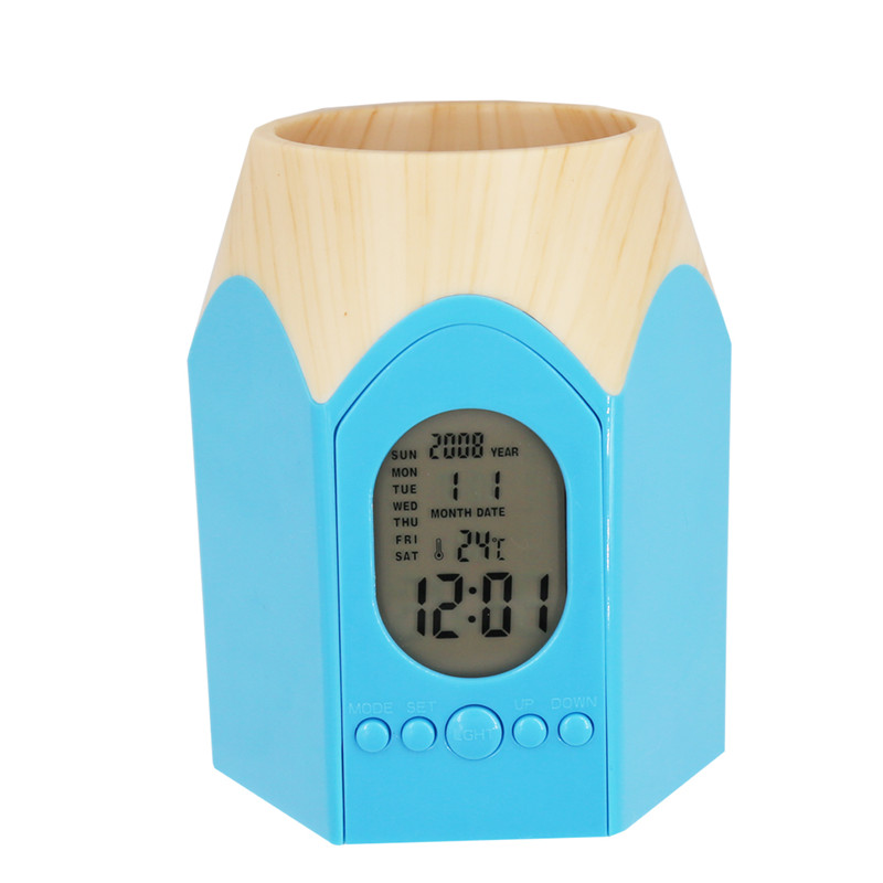 Pencil Head Shape Pen Holder with LED Digital Alarm Clock Multi-function Pencil Pot Table Clock with Office Temperature Calendar: Blue