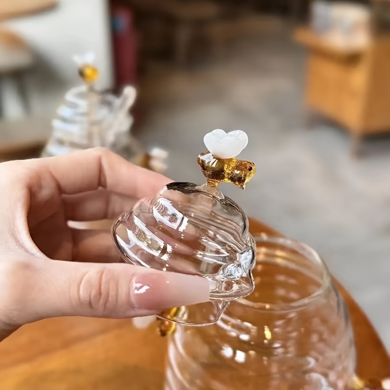 Glass Honey Jar with Dipper & Lid, Cute Bee Decor Honey Pot, 14oz Clear Glass Honey Container for Kitchen