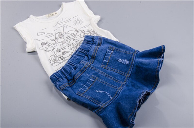 Sommar spädbarn tjejer kjol blå jeans skarvning mini kjol volanger jeans kjolar barnkläder 2 3 4 5 6 7 år