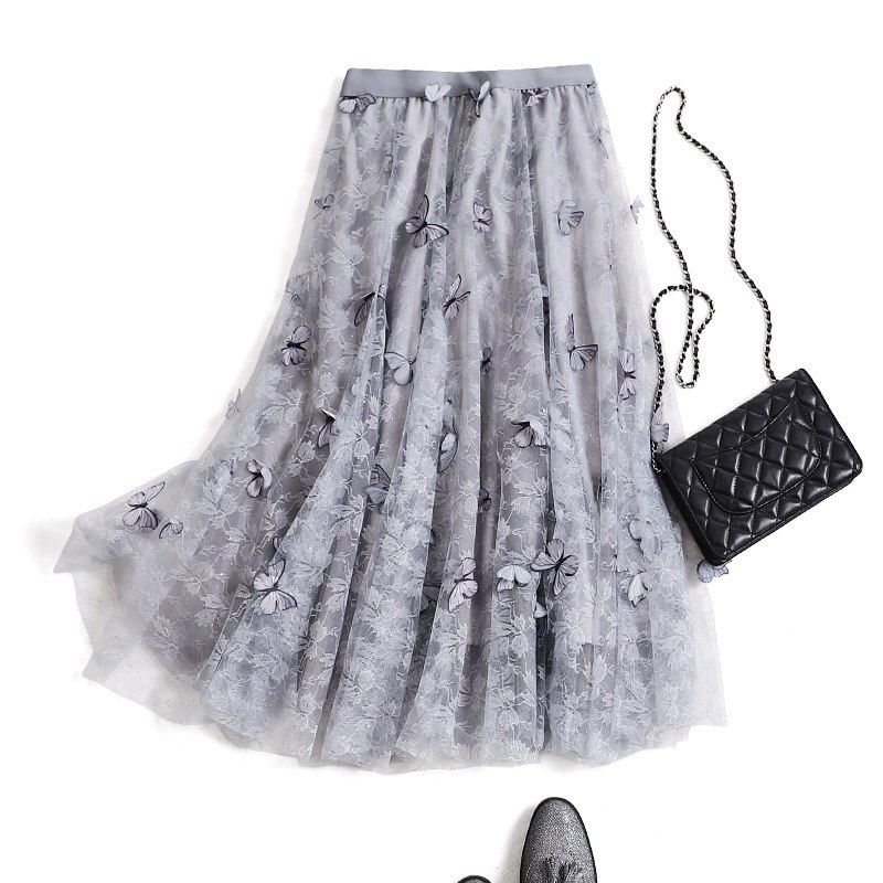 GIGOGOU 3D Schmetterling Frauen Chiffon Röcke Stickerei Floweral Gittergewebe Plissee Felsen 3 Schichten Lange Tüll Ballettröckchen Felsen Jupe Longue: grau 1195