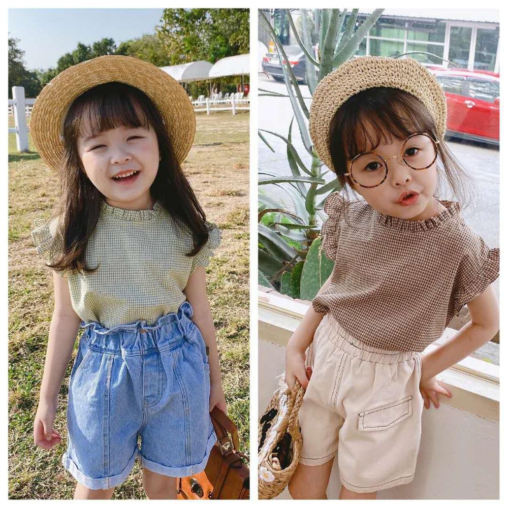 Kinderkleding zomerproducten meisjes shirt koreaanse zomer geruit mouwloos kant kinderkleding schattige meisjeskleding