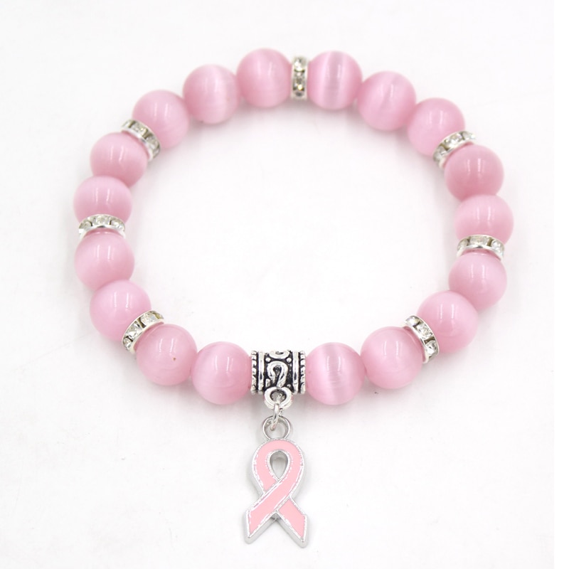 Pulsera de cuentas de ópalo blanco y rosa, joyería de concientización sobre el cáncer de mama, pulseras y brazaletes con abalorios de cinta rosa