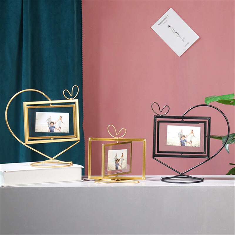 Geometric Golden Metal Photo Frame Desktop Heart Picture Frames for Portraits and Landscape Photo Rotating Photo Frame