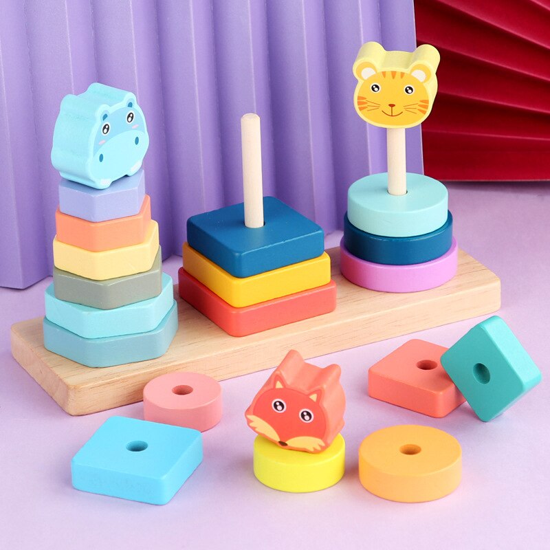 Jouets en bois pour bébé, ensemble assorti d&#39;animaux, planche de tri géométrique, jouet éducatif pour enfants, Puzzle empilé, tour de pilier pour enfant,