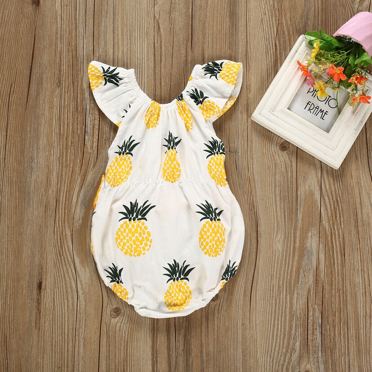 Baby Summer Clothing Pretty Infant Baby Girls Pineapple Bodysuit Ruffles Short Sleeve Bowknot Sash Jumpsuit Clothes Outfit