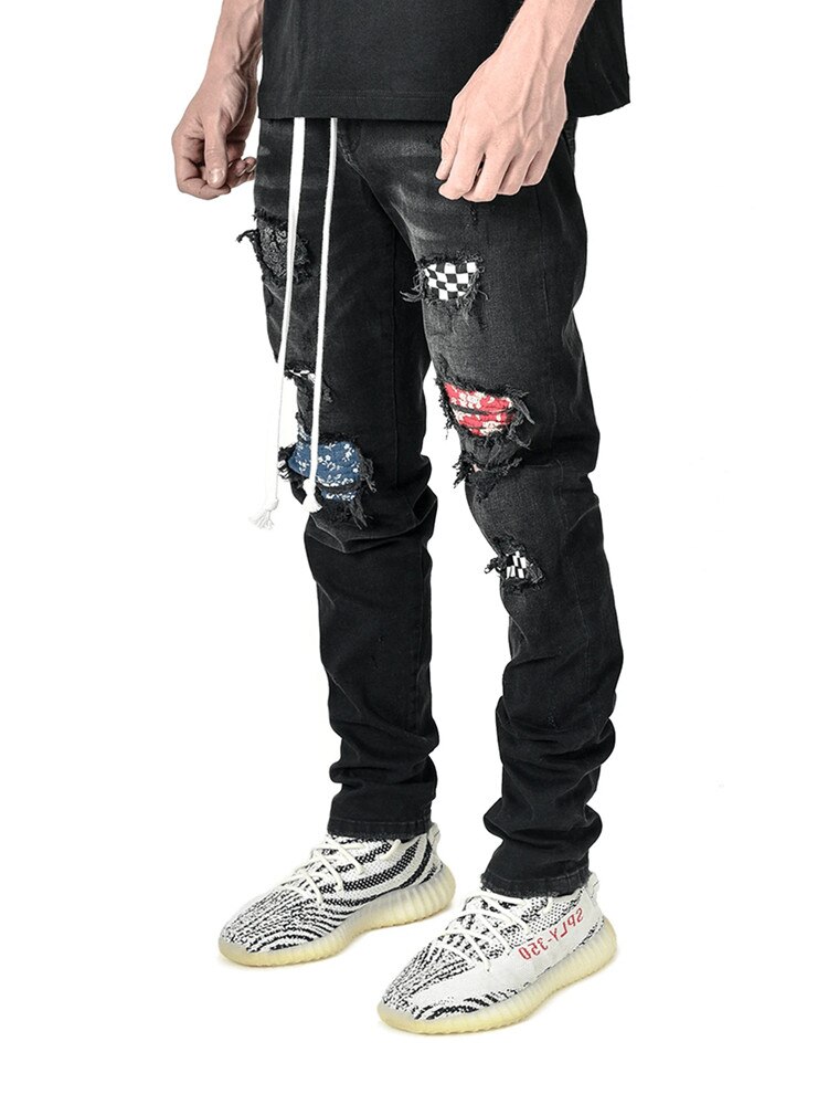 Männer Heißer schlank Jeans Zerrissene Netz Patchwork strecken Denim Hosen Elastische Hüfte-hüpfen Joggen Bleistift Hosen männer kleidung
